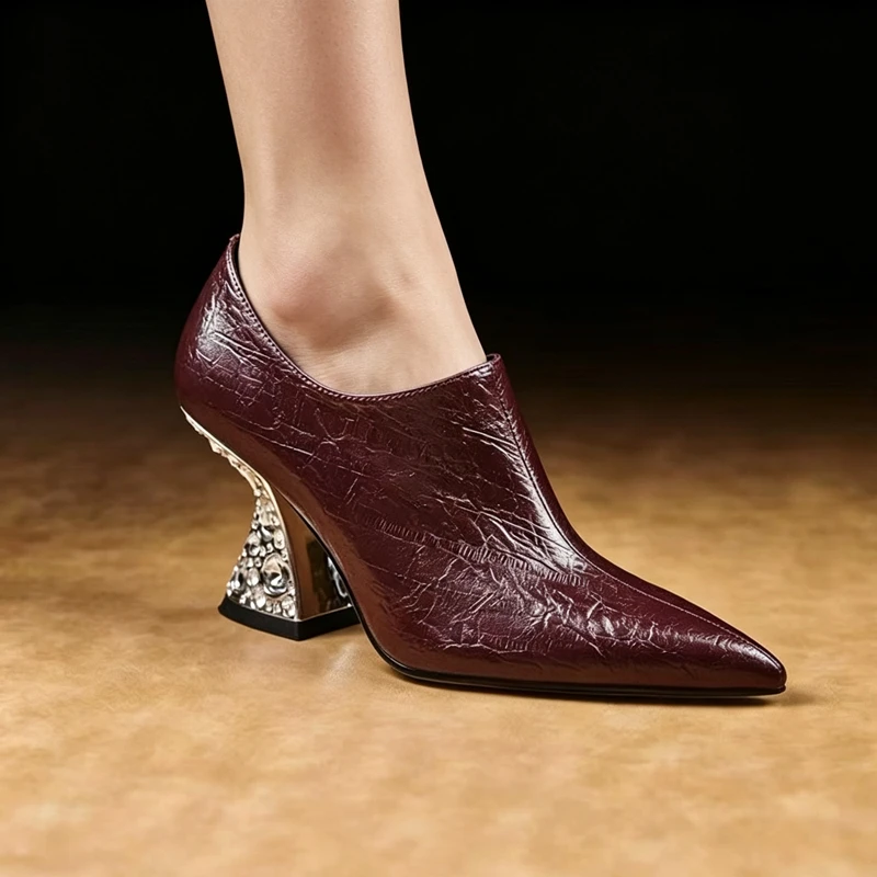 Women's new spring and autumn leather pointed rhinestone high-heeled high-end temperament zipper fashion single shoes can shoes