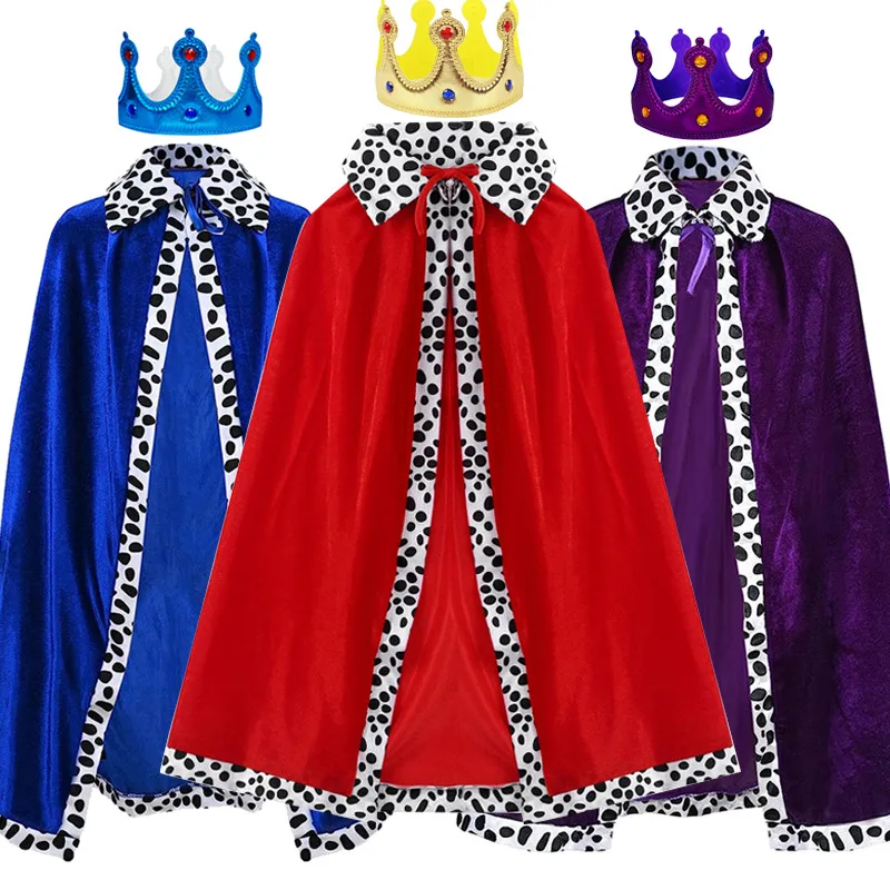 Boys King Red Cloak for Adult Kids Prince Robe Crown Velvet Cape Children Birthday Halloween Party Cosplay Costume Accessories