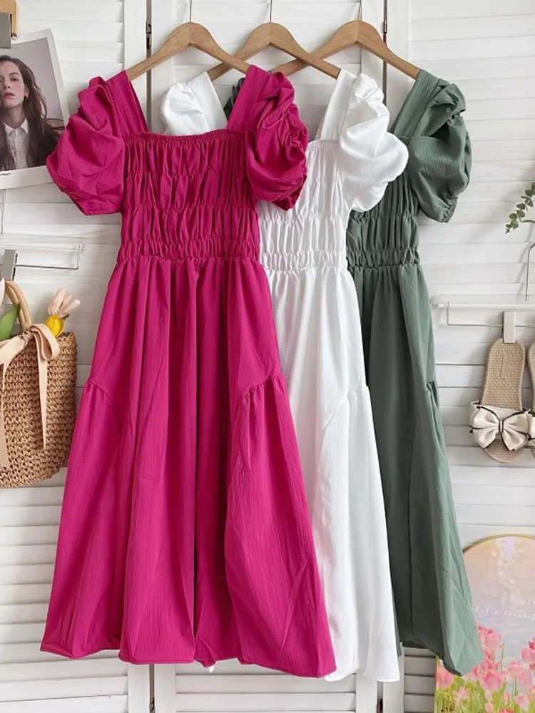 Mulheres midi vestido de verão casual sólido quadrado pescoço doce a linha vestido feminino moda férias boho praia vestidos elegantes