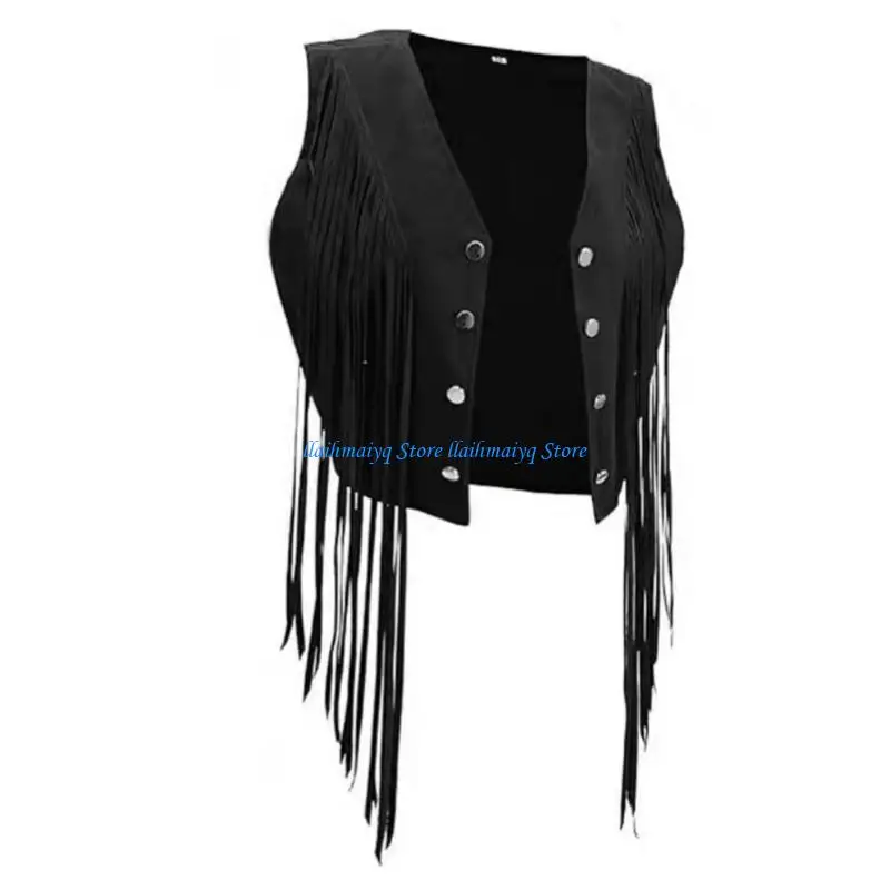 573B Women's Sleeveless V Neck Fringe Vest 70s Hippie Cowgirl Cropped Cardigan
