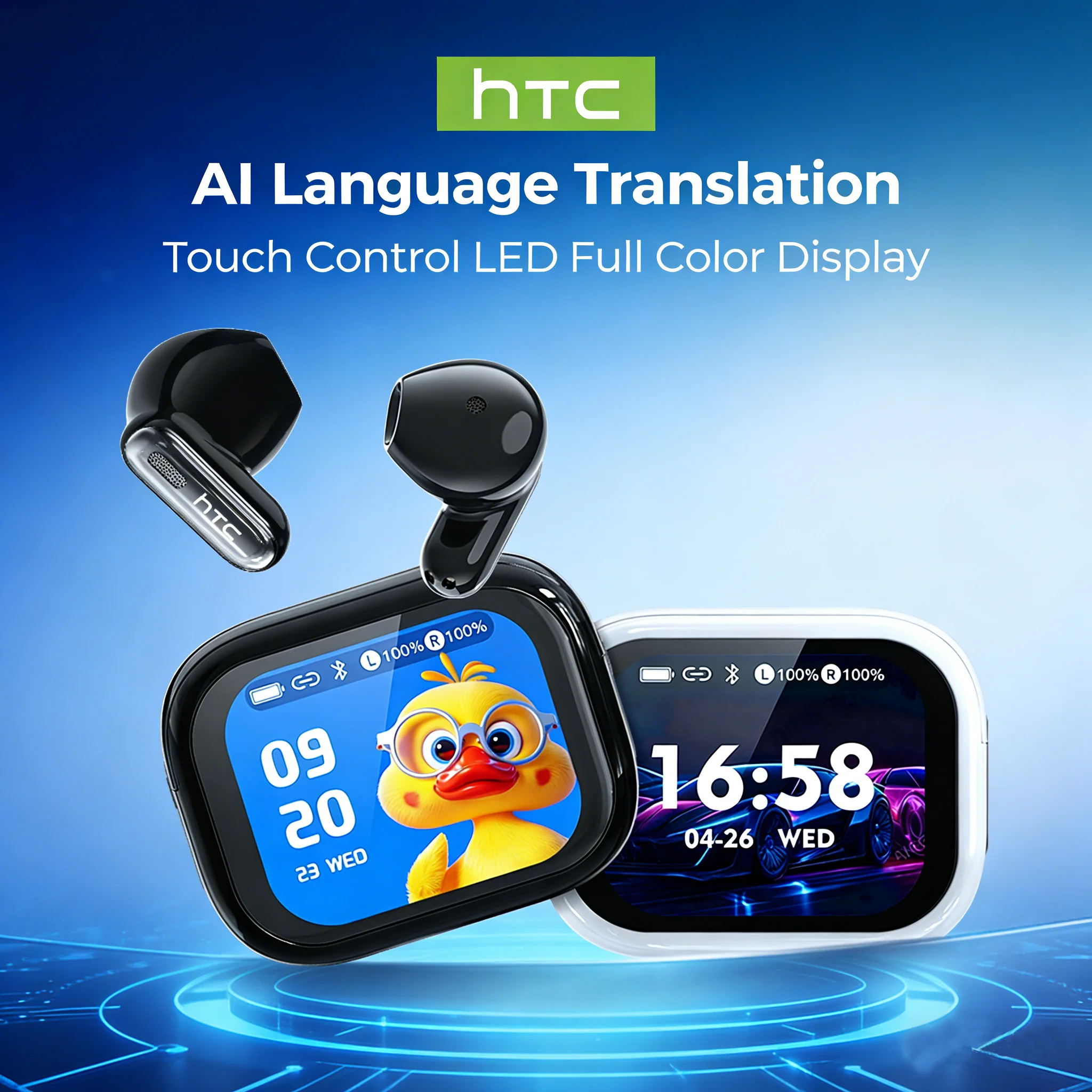 New HTC NE68 TWS Earbuds Bluetooth 6.0 Smart Touchscreen Case 134-Language AI Translator ANC IPX5 Waterproof 48H Playtime