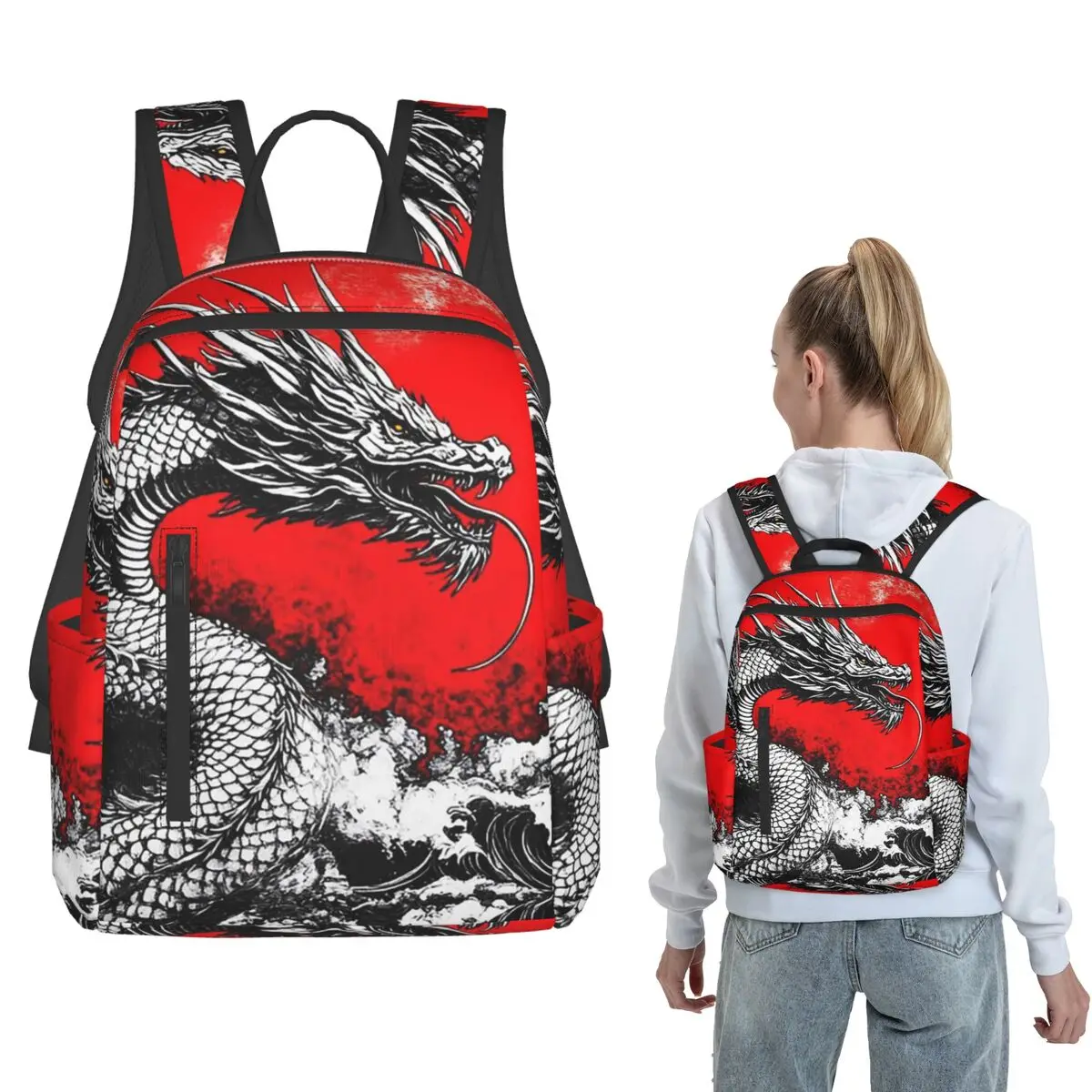 

Japanese Dragon And Red Sun Backpack Daypack Boys Girls BookBag School Bag Shoulder Bags for Men Women