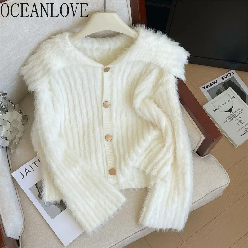 OCEANLOVE Autumn Winter Cardigans Solid Mink Cashmere Thick Warm Sweet Women Sweaters Korean Fashion Retro Sueter Mujer