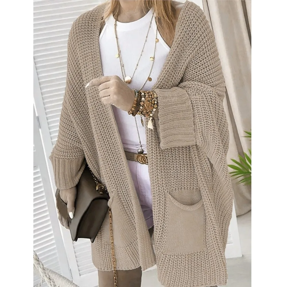 Solid Color Knitted Sweater Long Sleeved Sweater Women's Commuting Loose Mid Length Jacket Pocket Casual Cardigan Ropa Mujer 6
