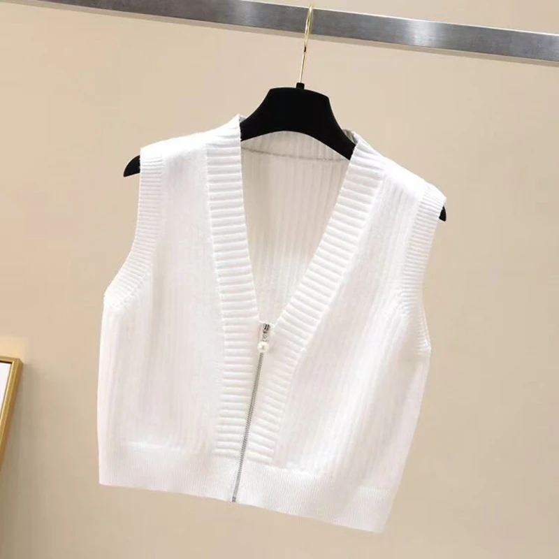 Sweter Rajutan Musim Gugur/Dingin Rompi Wanita Kardigan Kasual Ritsleting Mutiara Tanpa Lengan Atasan Crop Rompi Mantel 7 Warna