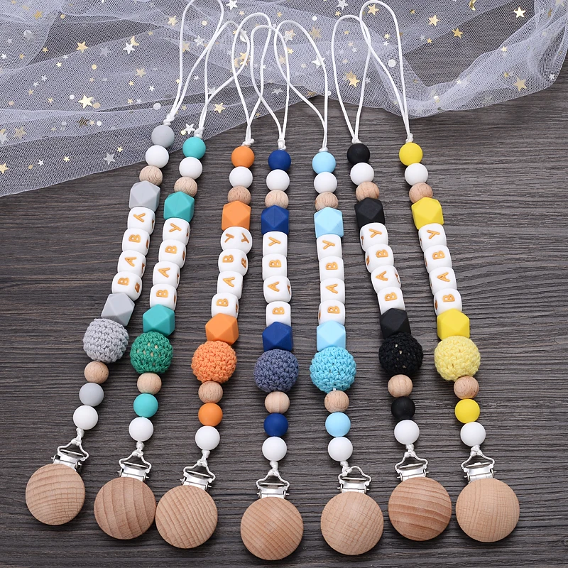 Personalized Name Baby Pacifier Chain Beech Wood Dummy Holder Silicone Teether Beads Infant Teething Nipple Chain Nursing Toy