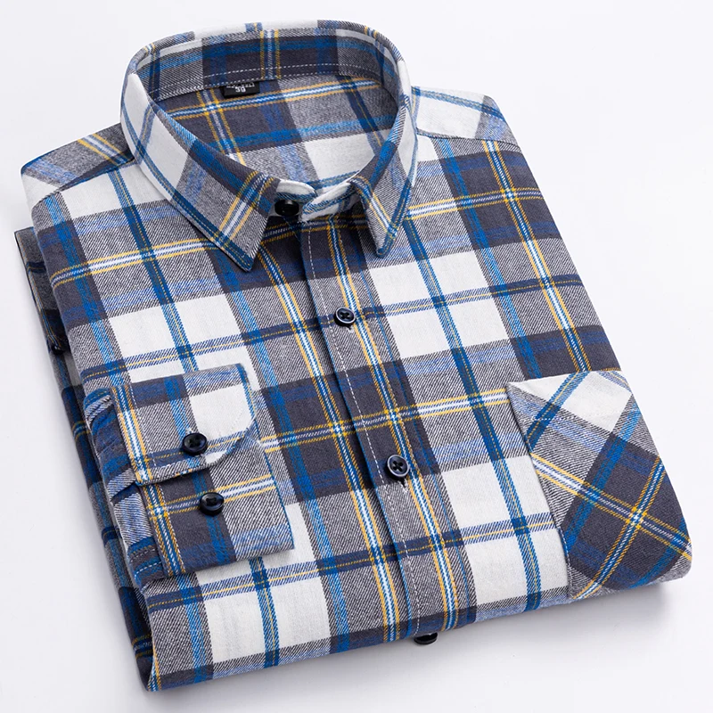 100% Pure Cotton Men Long Sleeve Shirt Plaid Stripe Flannel Business Casual Classic Breathable Men Pocket Button Workwear Shirt