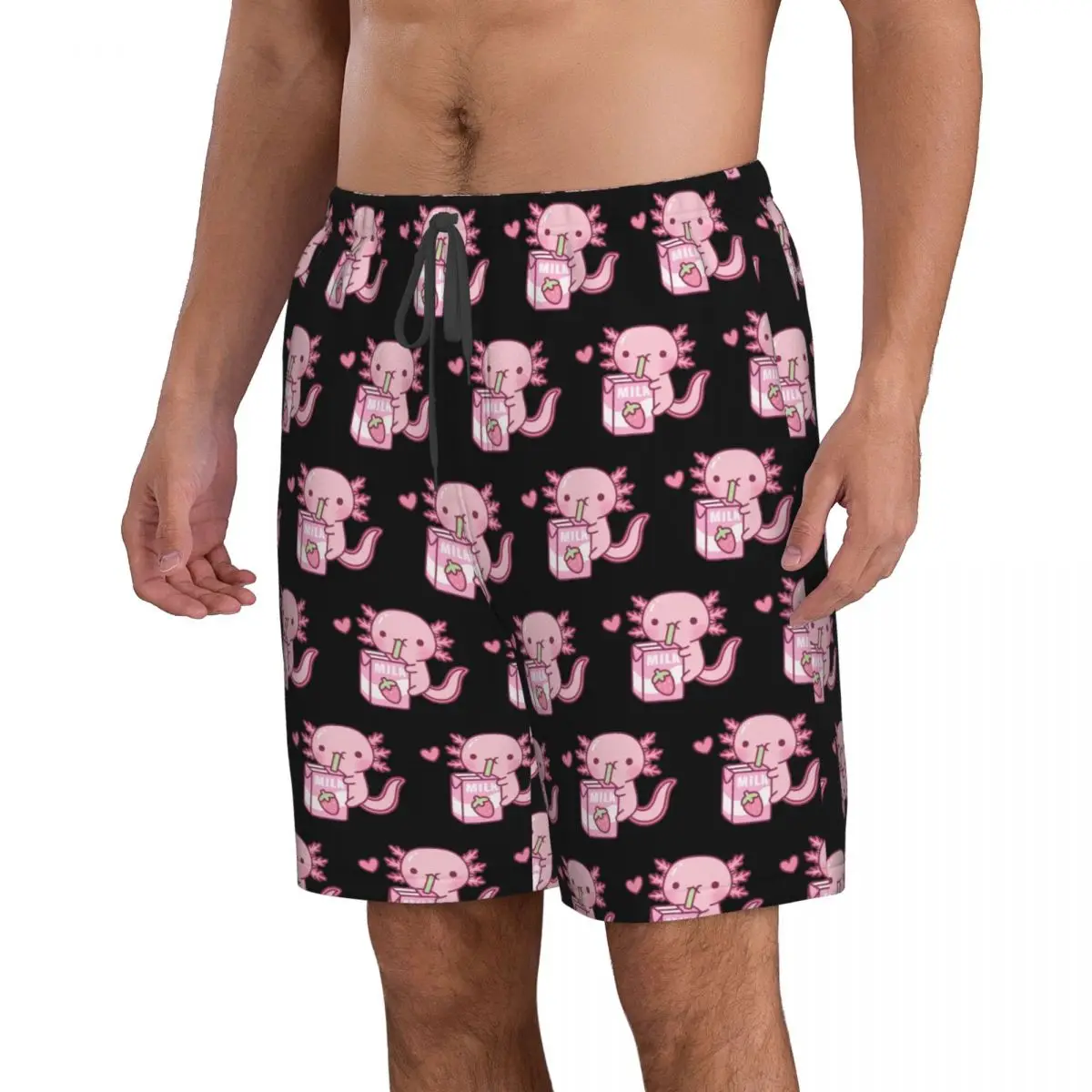 Cute Axolotl Loves Strawberry Milk Doodle Trunks Beach Board Shorts Casual Quick Dry Swim Summer Men Pants