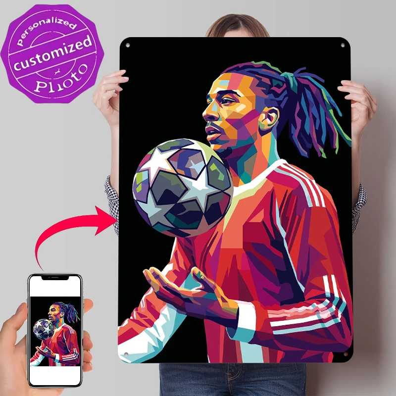 Football Player With Champions League Ball Poster Customized Vintage Metal Signs Wall Art Retro Tin Plaque for Luxury Decoration