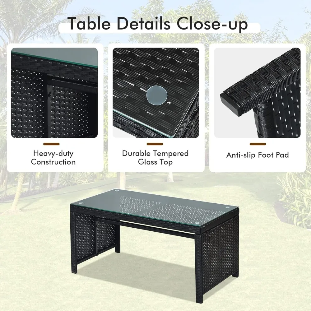 مجموعة أثاث الفناء الخارجي من الروطان: أريكة من الخيزران مكونة من 4 قطع مع وسائد وطاولة من الزجاج المقسى