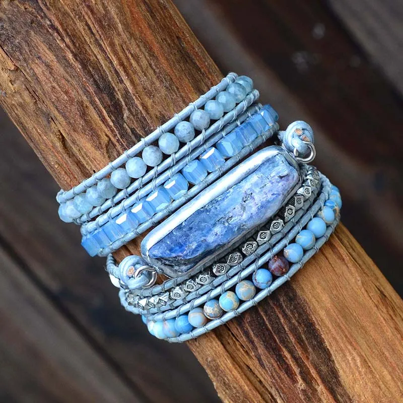 Natural Kyanite Wrap Leather Bracelets Blue Crystal Natural Gemstone Bracelet For Women Men Natural Cyanite Jewelry Women Gifts