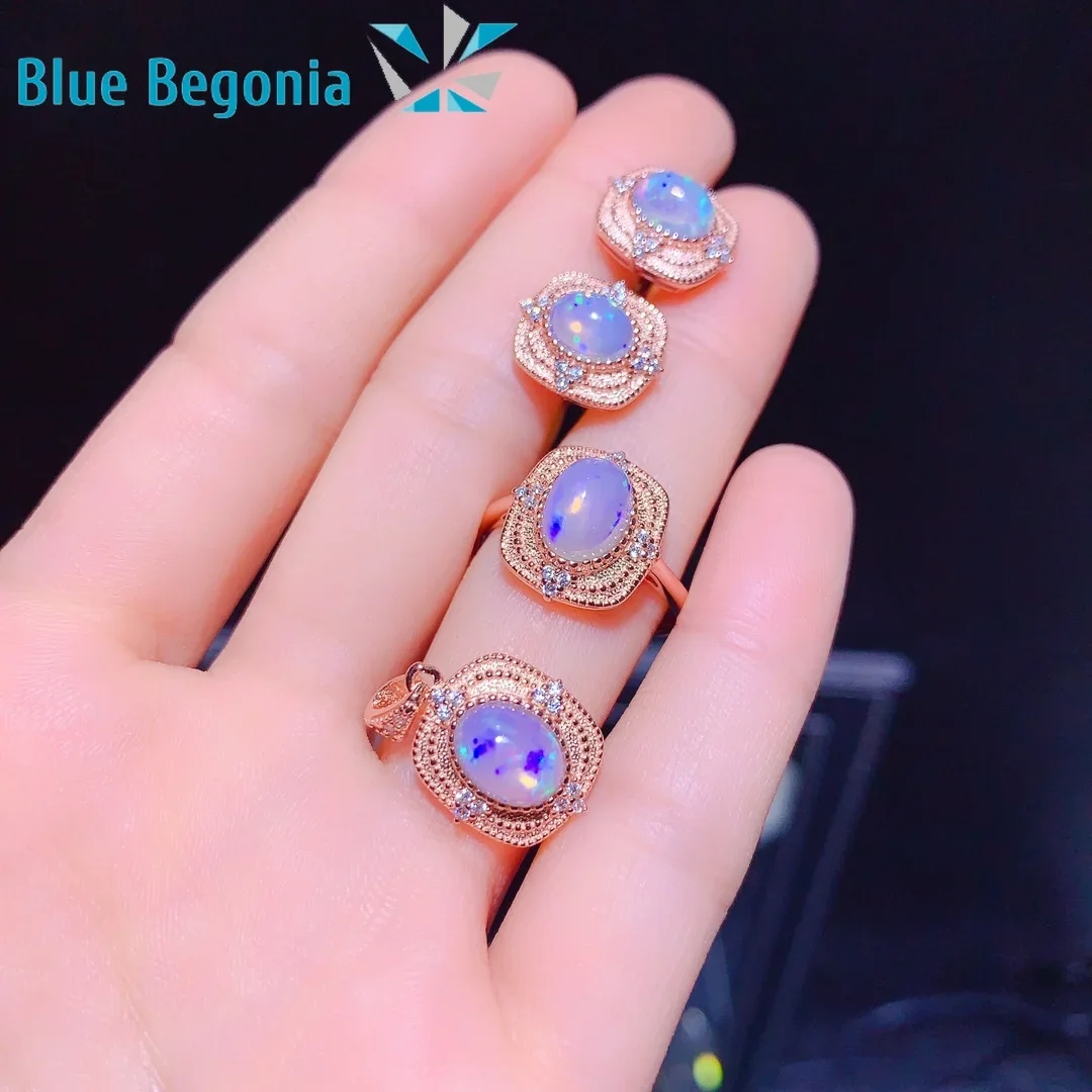 Natural Opal Set 7*9mm Ring Pendants Earrings Set 925 Sterling Silver Gemstone Jewelry for Women Wedding Engagement Gift