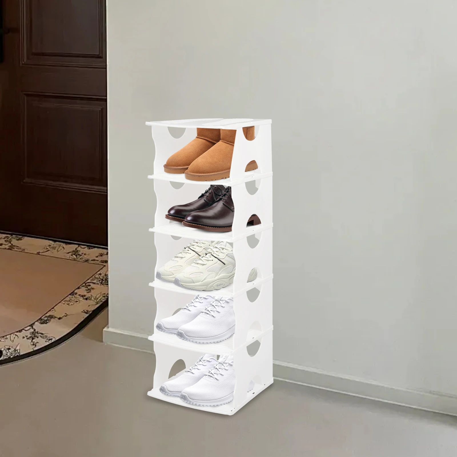 

Современная компактная 5-ярусная белая полка для обуви с защелкой из полипропилена, многоуровневое расстояние 5,91 дюйма, верхняя платформа для сумок/зонтиков, для входа/спальни