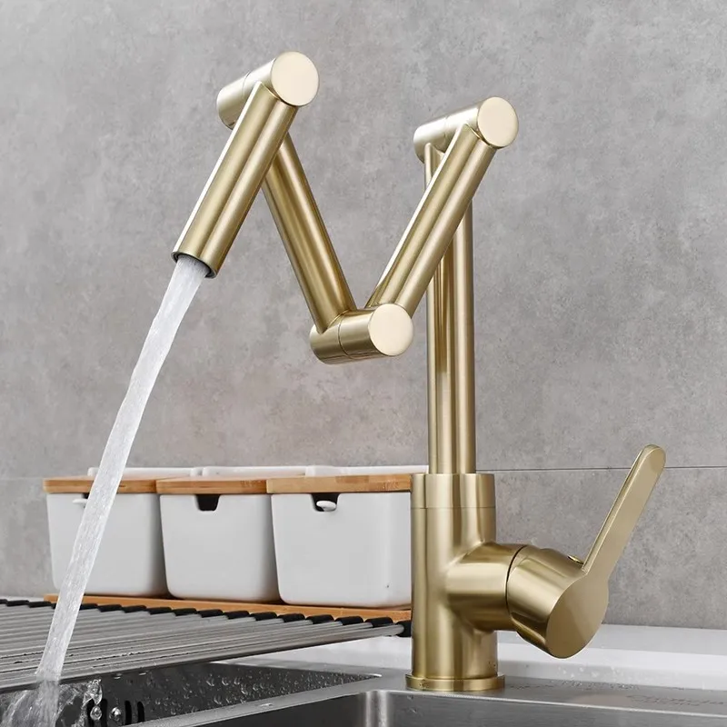 Brushed Gold Foldable Kitchen Faucet Hot and Cold Gold Sink Faucet Tap Chrome Kithchen Mixer Brass Deck Mounted