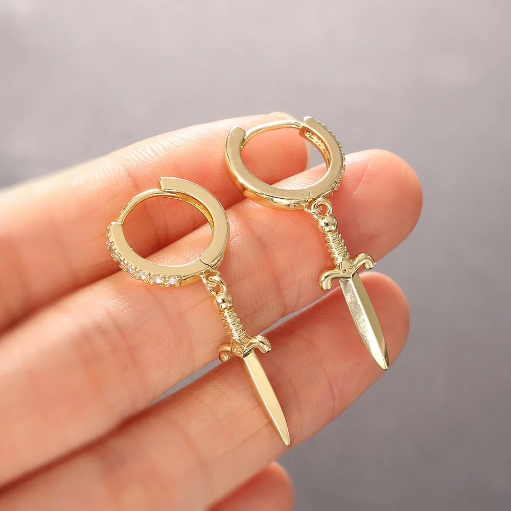 Sword Pendant Hoop Earrings for Women Punk Men Accessories Gold Color Crystal CZ Cartilage Dangle Ear Jewelry Wholesale KBE232
