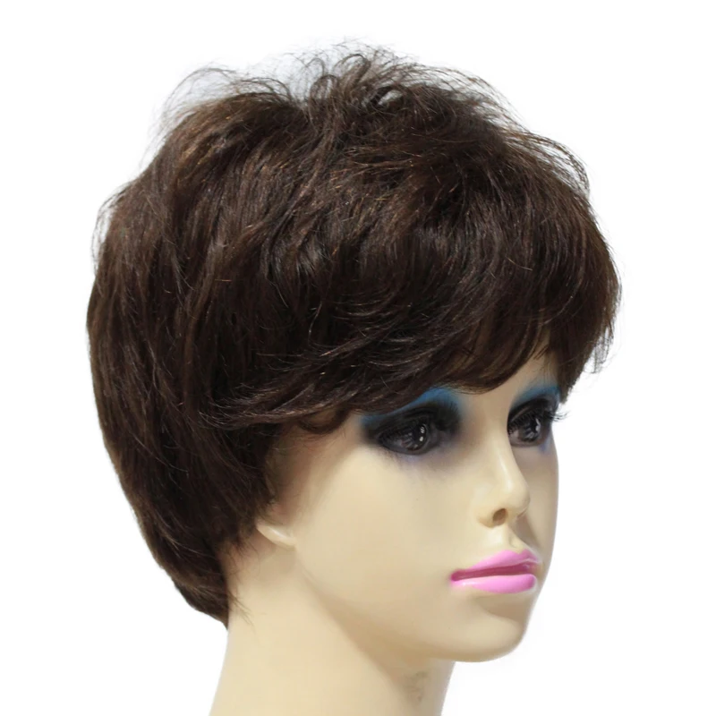 100% Synthetic Hair full Wigs Natural looking Wig Brown Short layered curly Costume Full Wig for Women with bangs