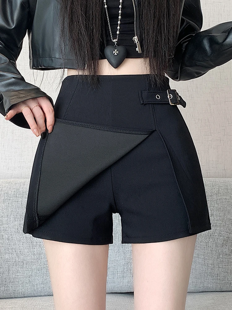 

Cool Bla Leather A-Line Skirt High Waist Slimming Side Split Women's Faion Spring Autumn New Sle Belted Skirt