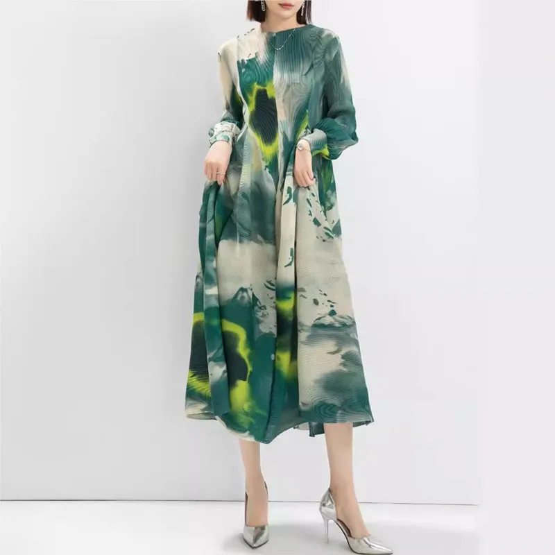 

Autumn and Spring High-end Fashion Printed Puff Sleeve Loose Plus Size Midi Dress with a High Neck in Middle East Style