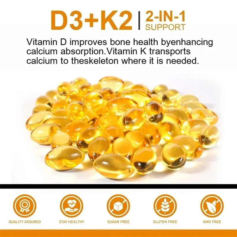 Vitamin D3 + K2 Capsules - Supports Heart, Bone and Dental Health, Improves Digestion and Absorption, and Enhances Immunity