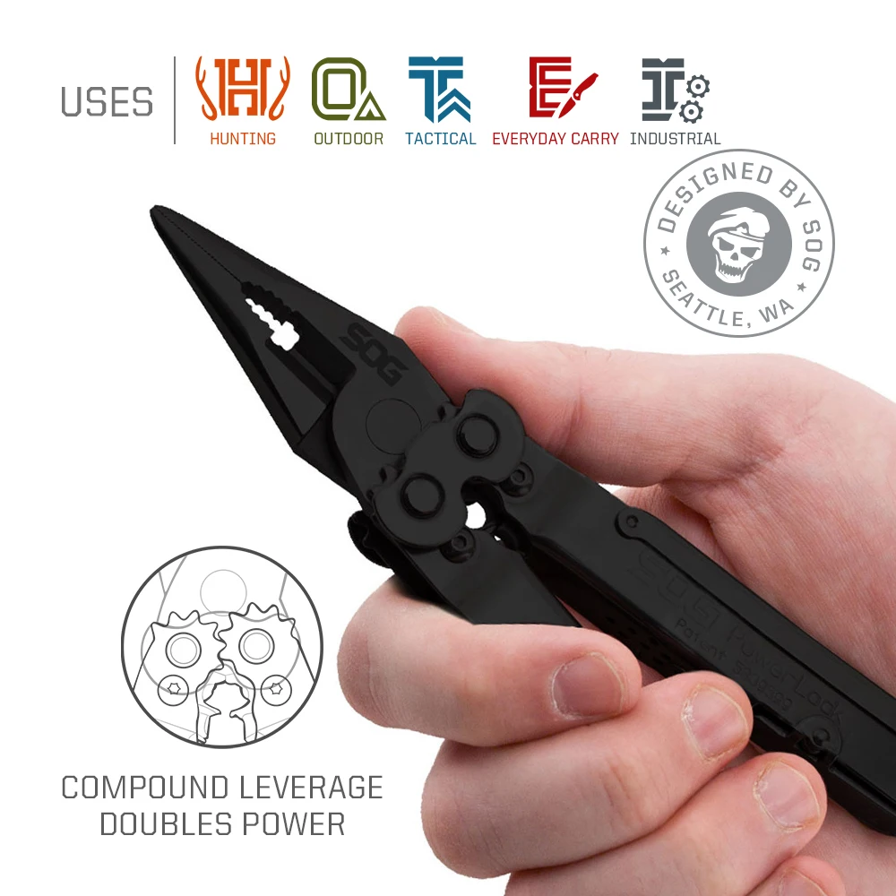 SOG 18 in 1 PowerLock Black, V-Cutter, Professional Military Tactical Multitools Outdoor Survival Tool Folding Pliers B63N-CP