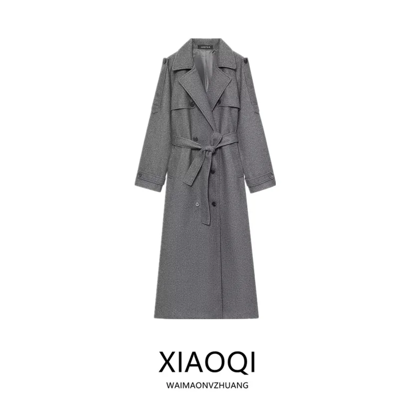 

2025 Autumn New Sle Women's Long Woolen Coat with Belt Versatile Commute Faion Retro High Waist Coat Outerwear