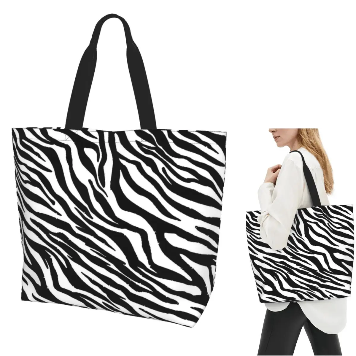 Zebra Pattern Retro Shopping Tote Bag Canvas Large Capacity Shoulder Bags Shopper Grocery Handbag for Women