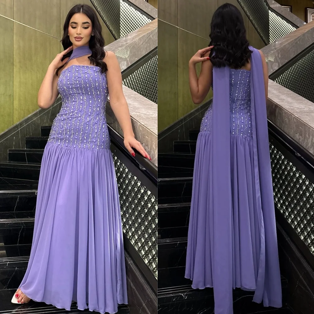 

Customized Classic Chiffon Sequined Pleat A-line Strapless Long Dresses Bespoke Occasion Modern Style Sexy