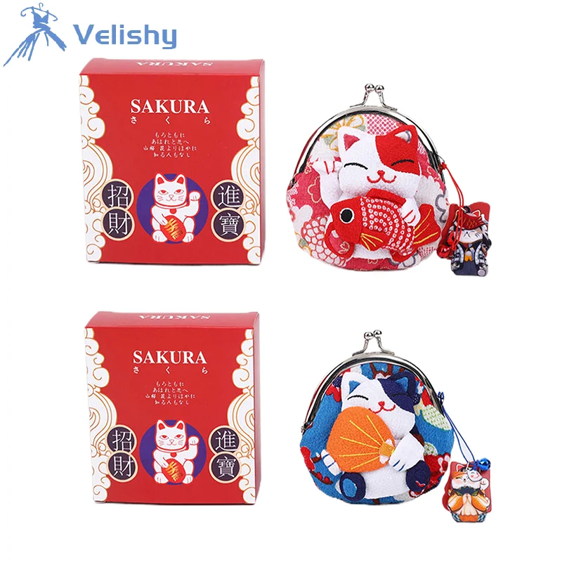1 stücke Kleine Japanischen Stil Glückliche Katze Kupplung Tasche Blume Druck PU Karte Halter Maneki Neko Geldbörse Puppe Brieftaschen