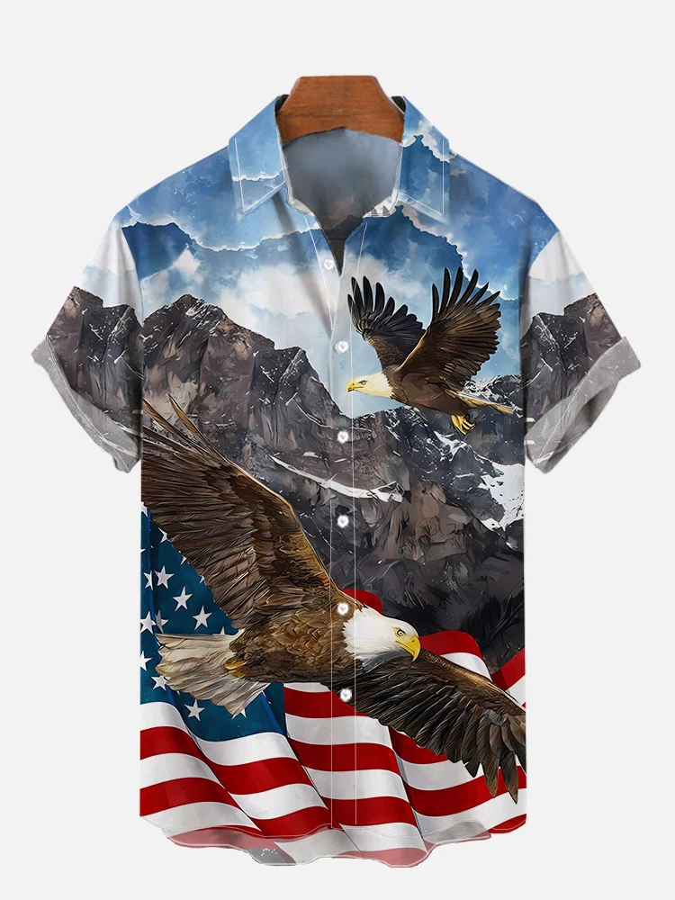 Men\'s Shirts American Flag Eagle pattern 3D Print Tops New Summer  Casual Fashion Beach Party Tops Short Sleeves Men Clothing