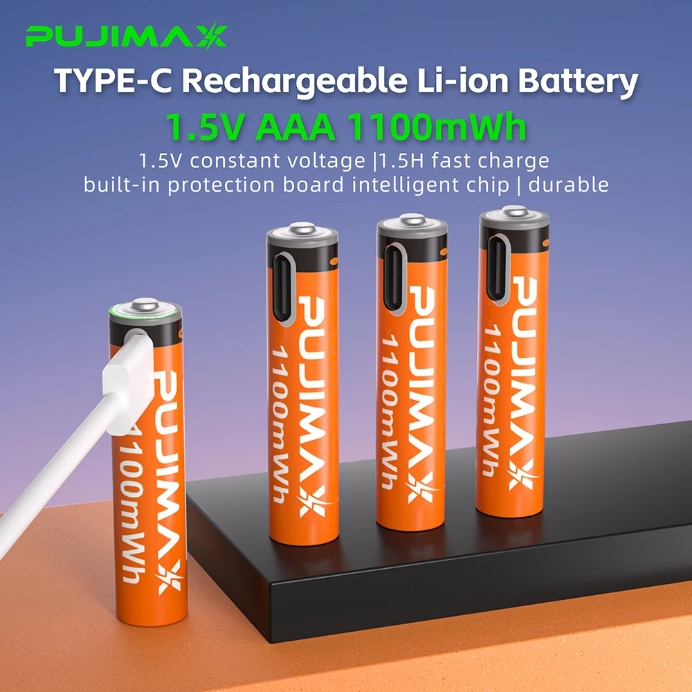 PUJIMAX 8/12PCS Li-ion AAA Rechargeable Batteries USB Type C Lithium-ion 1100mWh 1.5V AA Rechargeable Batteries for Mouse Remote Control Electric Toy Battery +Type-C Cable