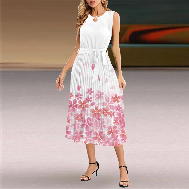 Summer 2023 New round Neck Sleeveless Pleated Skirt European and American Foreign Trade Women's Clothing Slim Temperament Long D