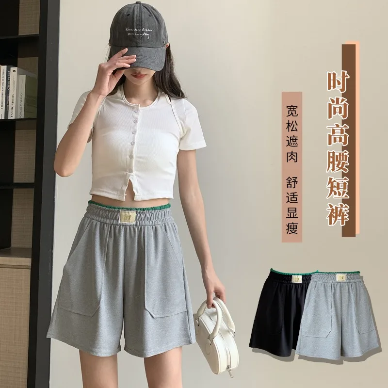 

Women Comfortable Loose Wide-legged Shorts Two Pockets Simple Soft High Waist A-line Shorts Casual Home Versatile Sports Shorts