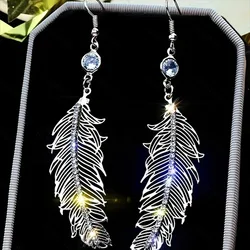 Delicate Leaf Hook White Stone Earrings for Women Silver Color Dangle Earrings Jewelry