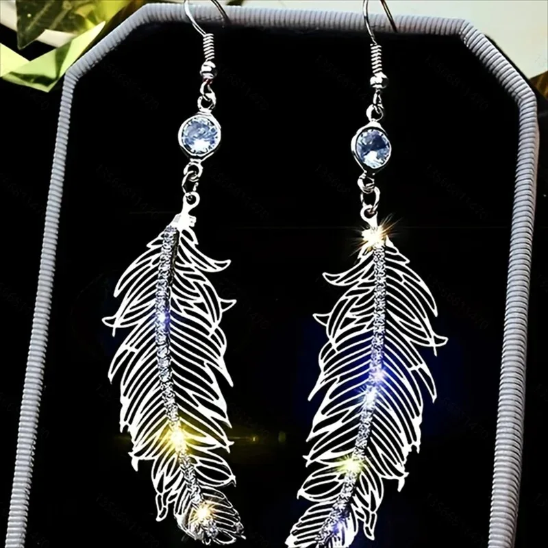 Delicate Leaf Hook White Stone Earrings for Women Silver Color Dangle Earrings Jewelry