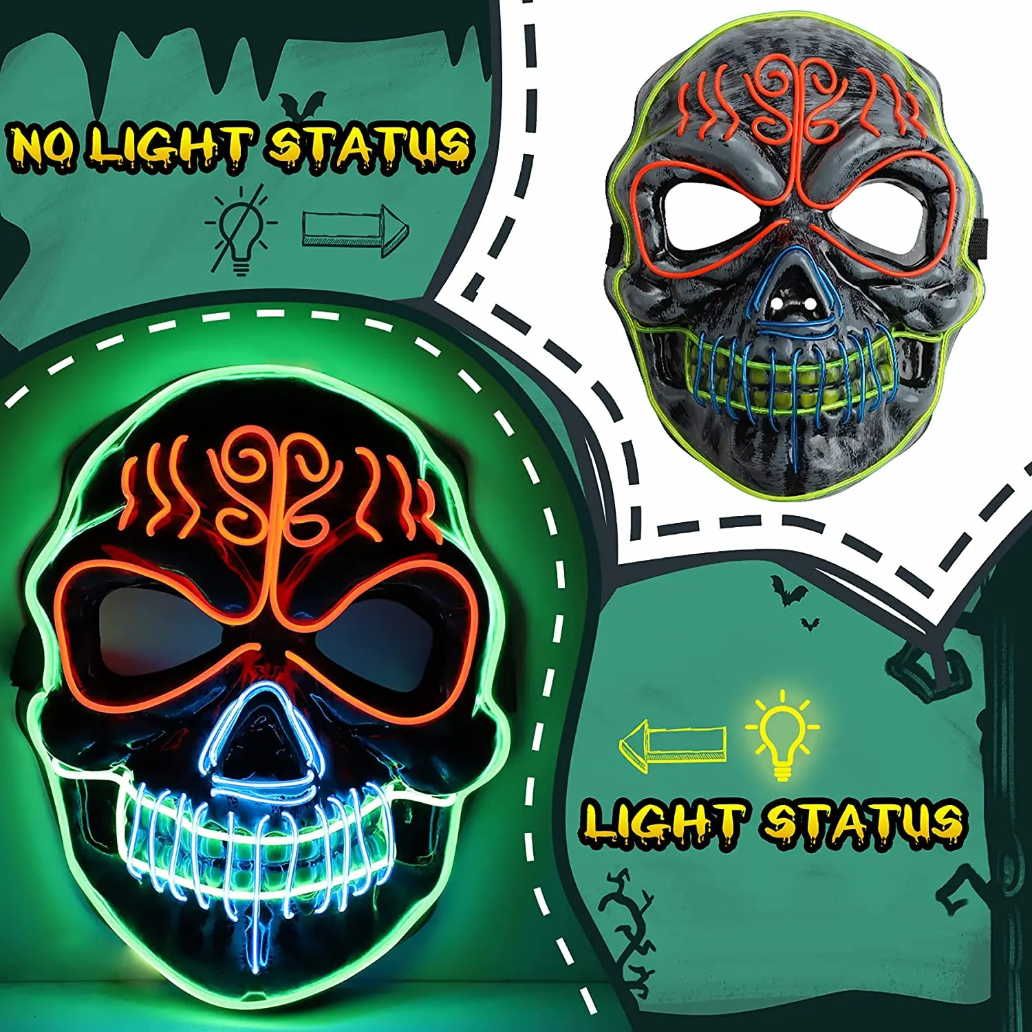 LED Halloween Mask 2024 Upgraded Scary Halloween Light Up Mask Scary Skull Shape Cosplay LED Mask Practical Jokes Toy