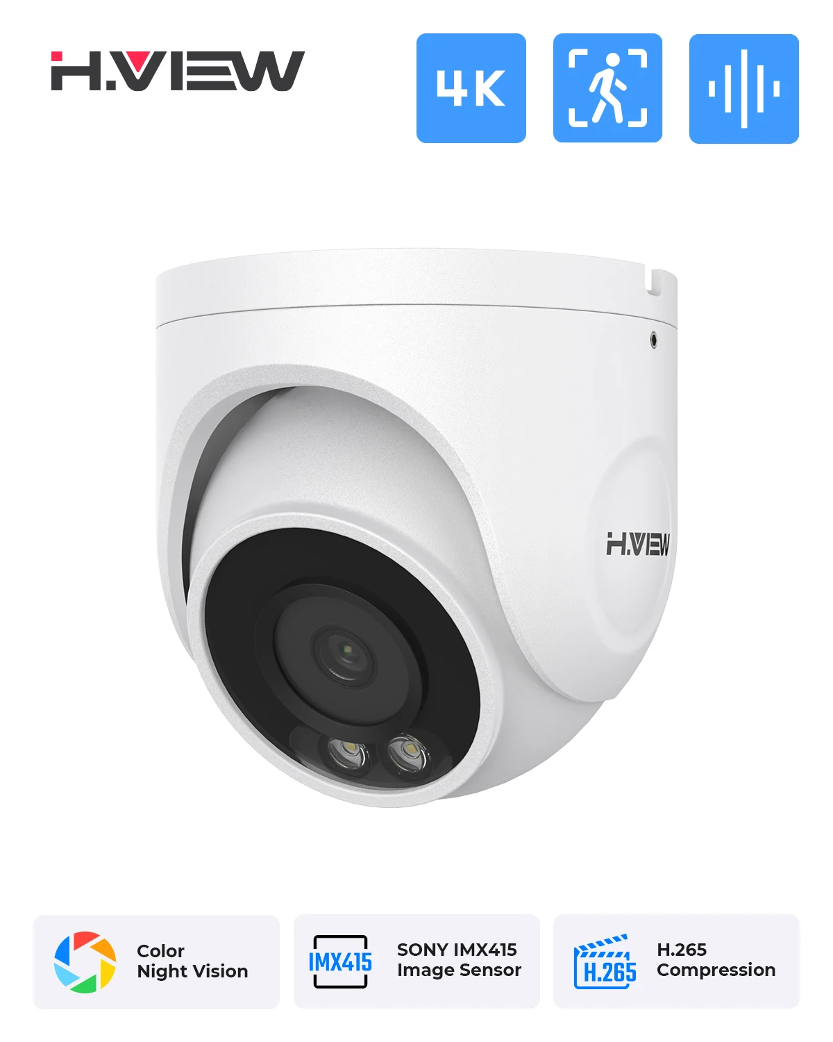 H.VIEW Full Color Night Vision 4K Ip Camera poe 8MP Cctv Security Cameras 6Mp Dome Audio Video Surveillance for NVR System