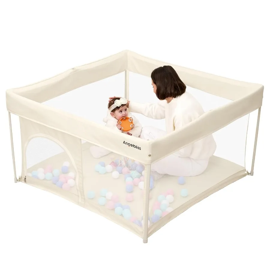 Foldable Baby Playpen 50"×50" Out-of-The-Box Ready Playpen for Babies and Toddlers Portable Play Yard with Breathable Mesh and