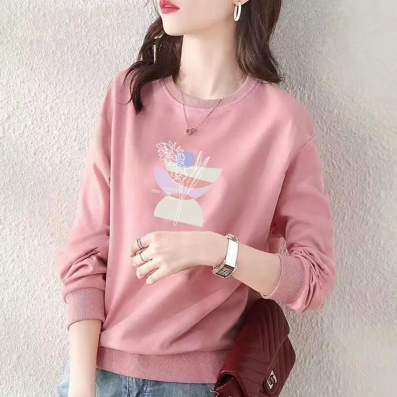 New Spring and Autumn Women\'s Solid Color O-Neck Long Sleeve Loose Thin Korean Printed Pullovers Classic Fashion Casual Tops