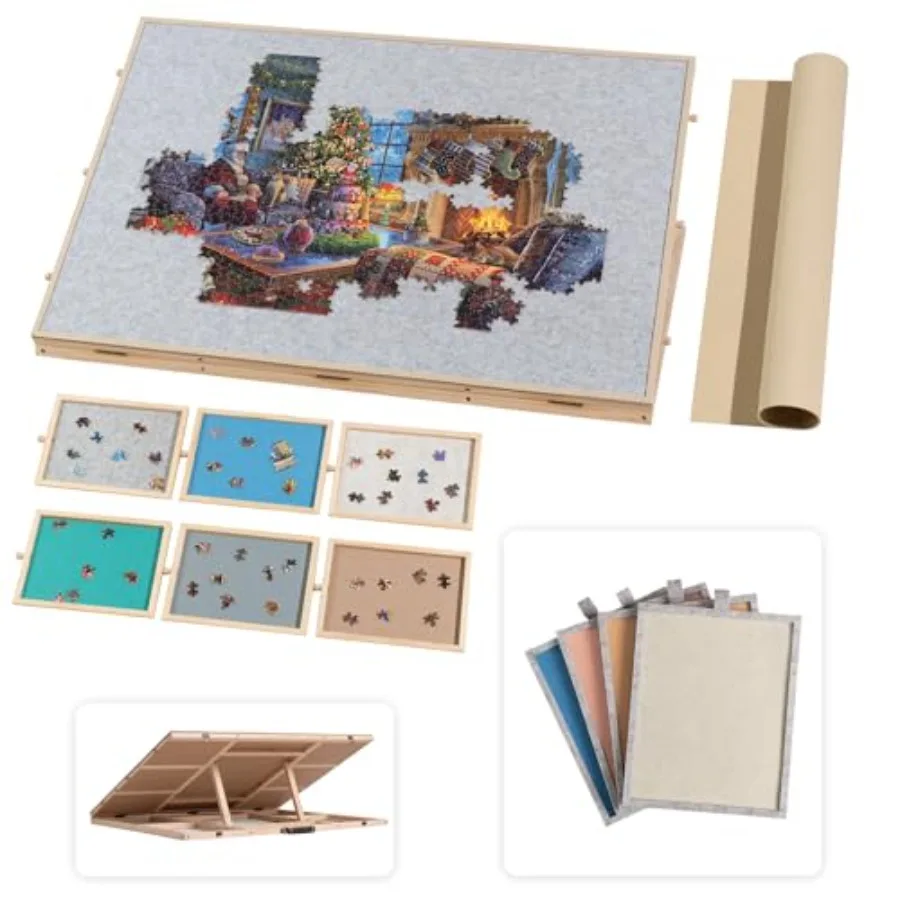 

1500 Piece Tilting Puzzle Board with 6 Colored Drawers and 4 Felt Trays, Adjustable Wooden Puzzle Plateau with Built-in Easel/S