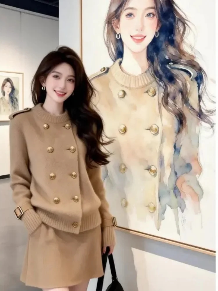 Winter Fashion Korean Style Miu System Rich Girl Outfit Set Age Reduction OOTD Warm Long Sleeve round Neck Cardigan Short Skirt