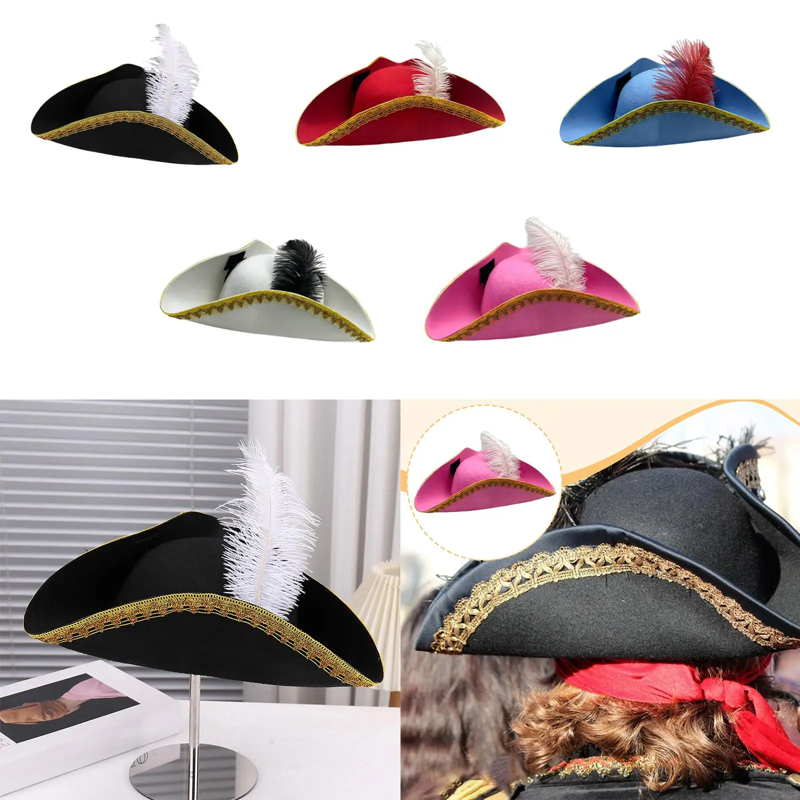Pirate Hat Distressed Vintage Design Dress up Headgear Headwear for Adults Festival Stage Performance with Feather Buccaneer Hat