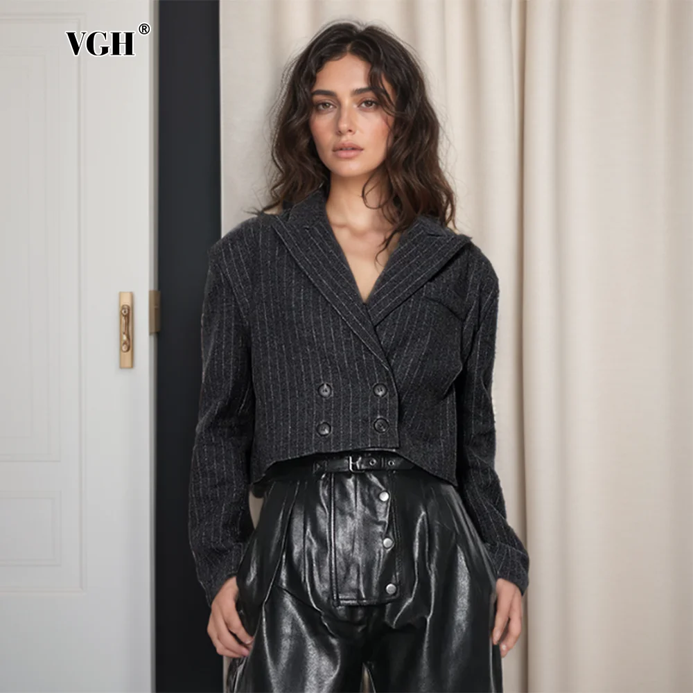 VGH Casual Triped Blazer per le donne colletto dentellato manica lunga impiombato doppio petto Vintage Soild Blazer stile moda femminile