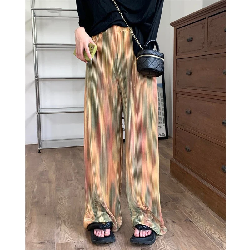 Clothes for Women Summer Vintage Tie Dye Print Streetwear Wide Leg Pants Y2K Harajuku Female High Waist Loose Straight Trousers images - 6