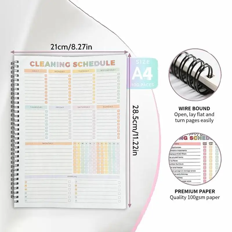A4 Size Annual Cleaning Planner, Daily Schedule & To Do List Notebook, Durable Hard Cover, Smooth Writing Pages For Home, Office