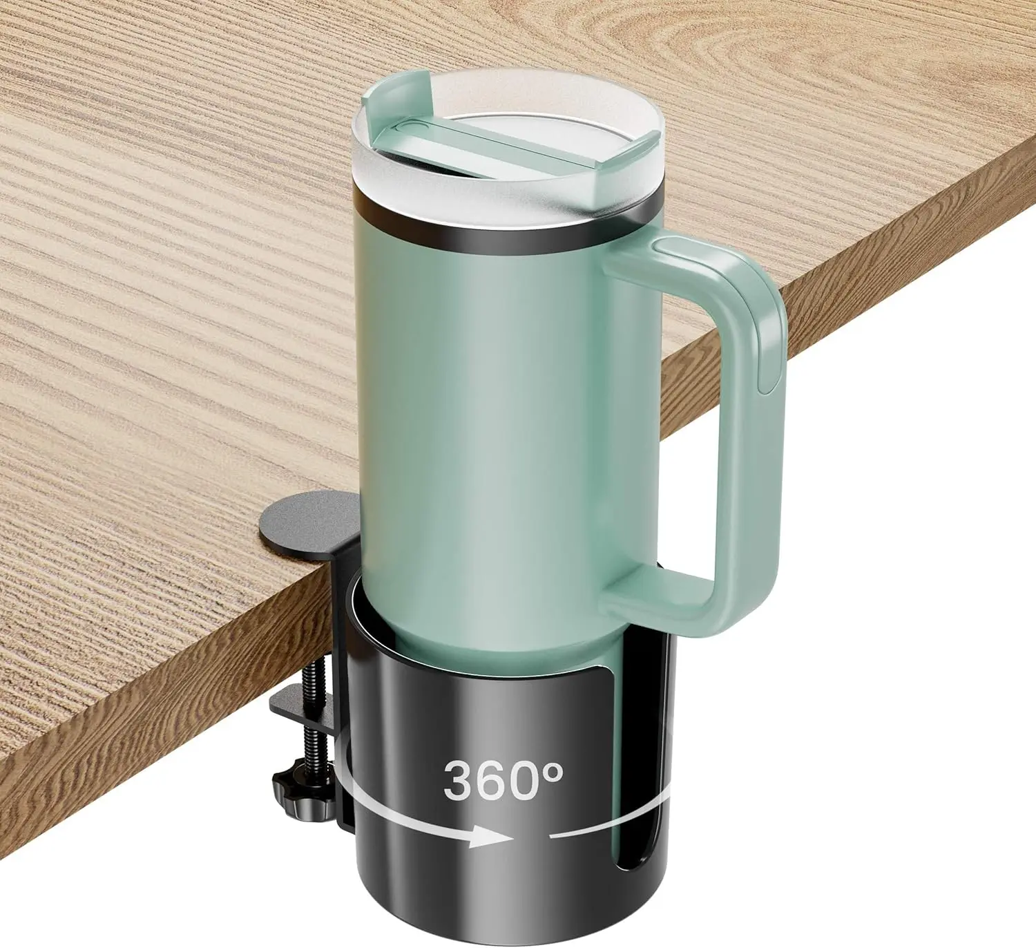 

360° Rotating Desk Cup Holder with Wide Clamp, Anti-Spill Mug Rack for Office and Gaming Accessories to Hold Large Bottles