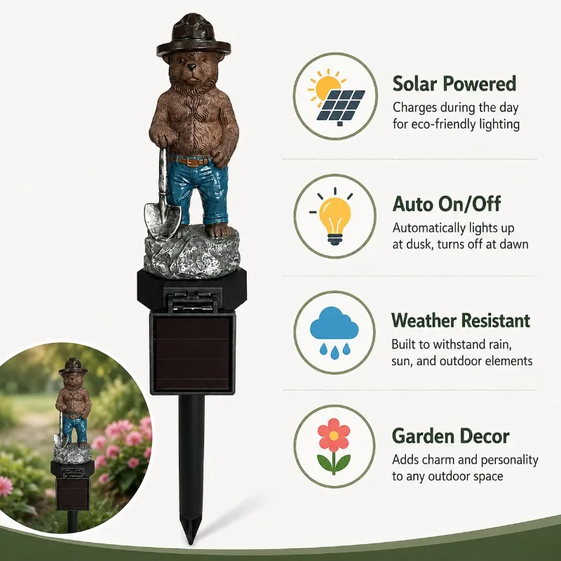 Solar Powered Bear Garden Stake Light Outdoor Decorative Figurine with Shovel for Yard Lawn Pathway Patio Decor