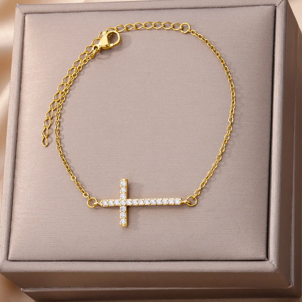 Minimalistisches Kupfer-Kubikzirkonia-Kreuz-Armband in Gold- und Silberfarbe, Zarte Kette, Amulett-Schmuck für Mädchen – Detail 4