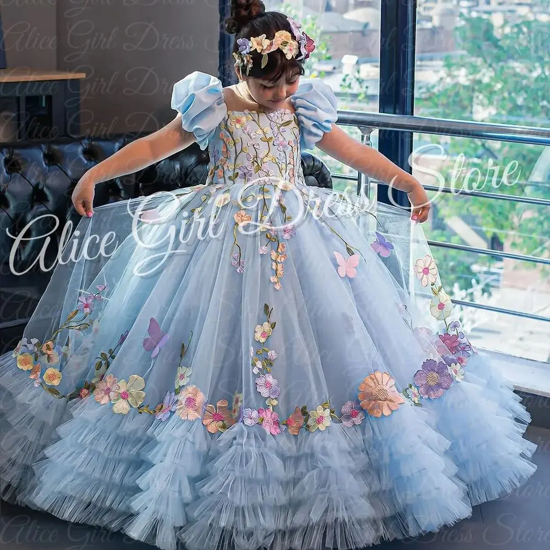 

Customized Blue Flower Girl Dresses for Wedding Floral Lace Appliques Layered First Communion Baby Kids Birthday Party Gowns