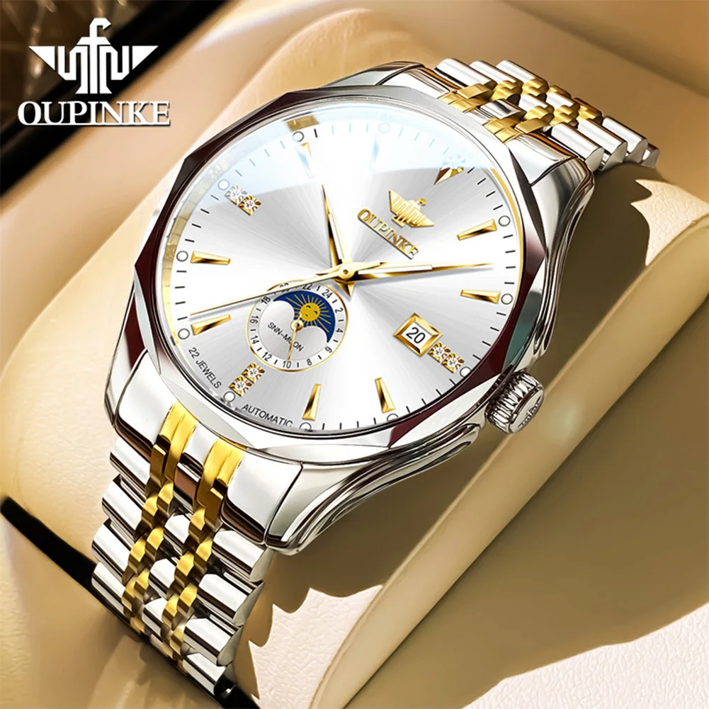 OUPINKE 3275 Mens Watch Luxury Automatic Mechanical Watch﻿ 50M Waterproof Luminous Stainless Steel Date Watches For Men New