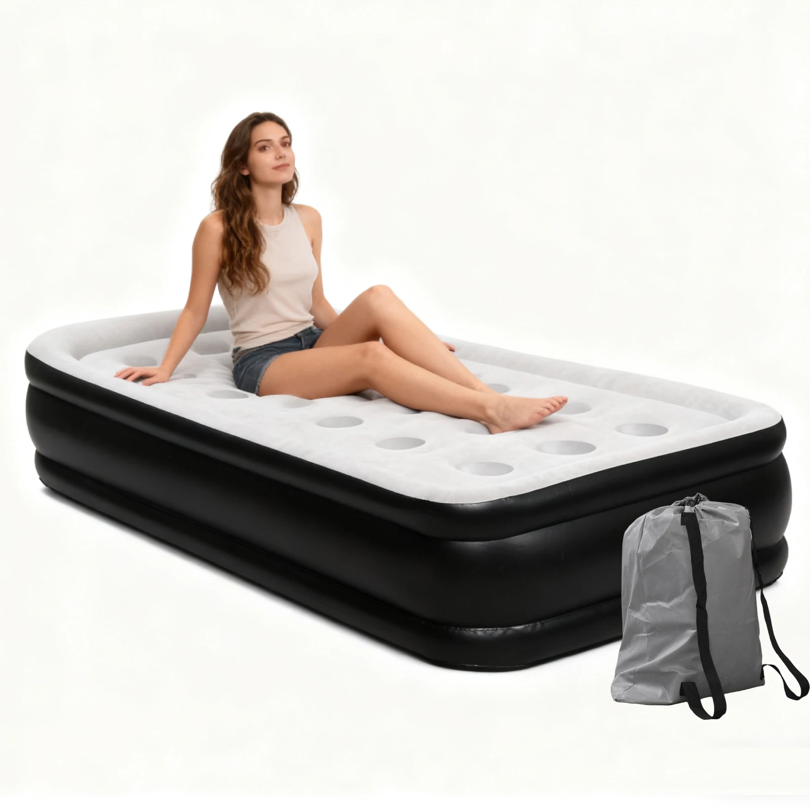 

Twin Size Air Mattress with Built-in Pump 18'' Portable Inflatable Bed for Guests Home and Camping